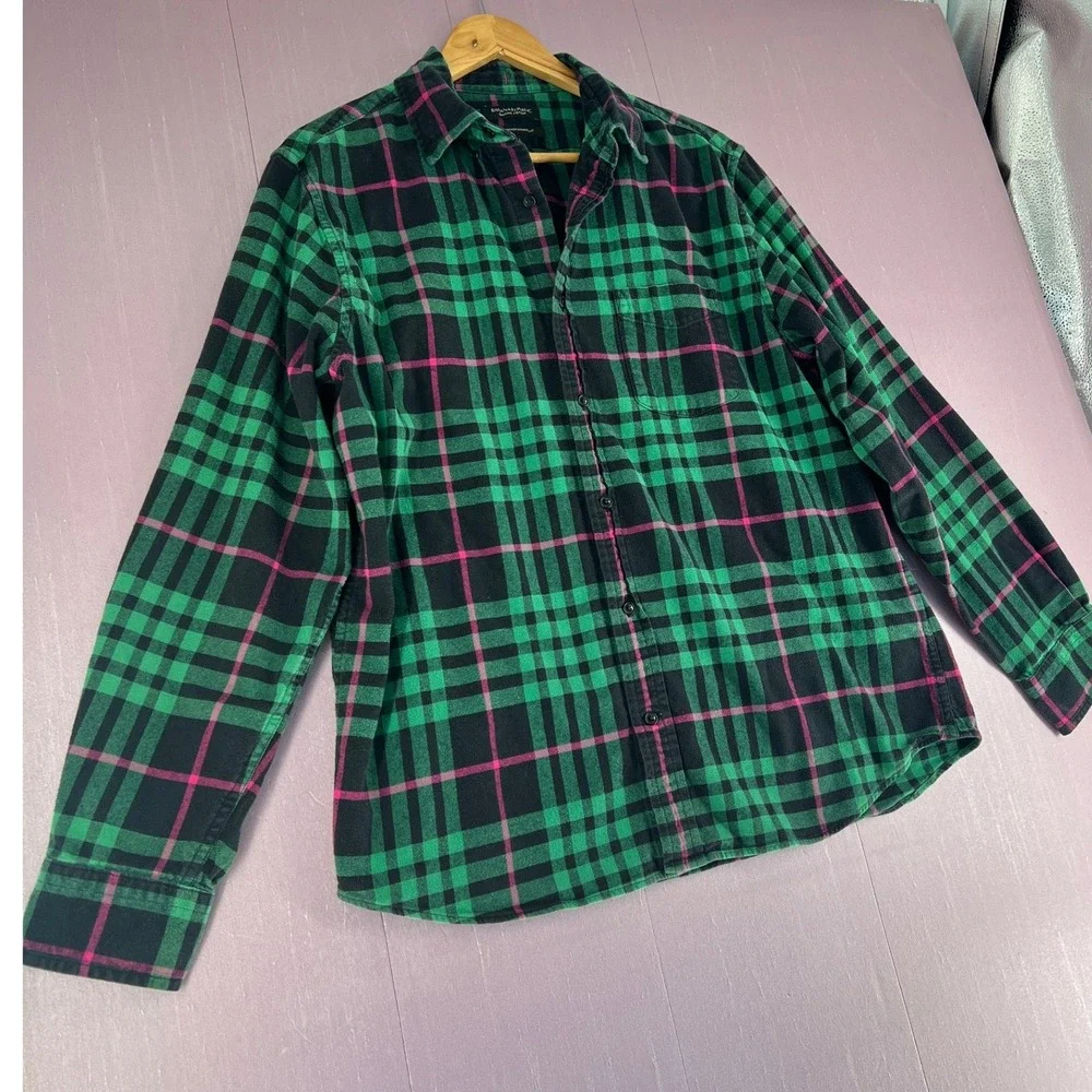 Banana Republic Mens Organic Cotton Green Black Buffalo Plaid Flannel Shirt Sz L
